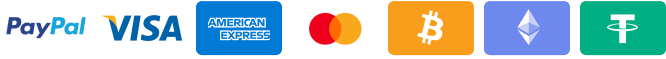 Payment methods: PayPal, Visa, Amex, Mastercard, Bitcoin, Ethereum, Tether